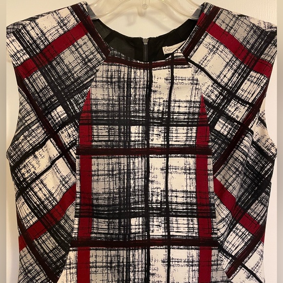 FLATTERING CATO BODYCON RED/BLACK/WHITE TARTAN/BRUSHSTROKE BEAUTY - Picture 1 of 4